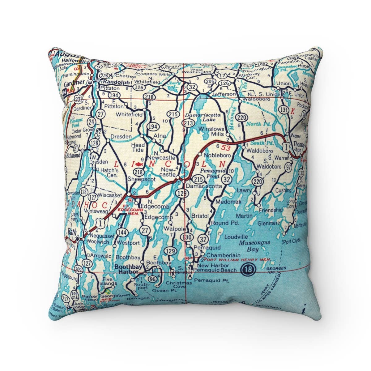 Damariscotta Maine vintage map throw pillow