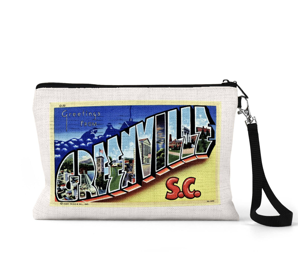 Greenville South Carolina vintage postcard wristlet travel pouch