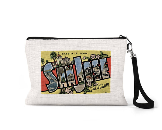 San Jose California vintage postcard wristlet travel pouch