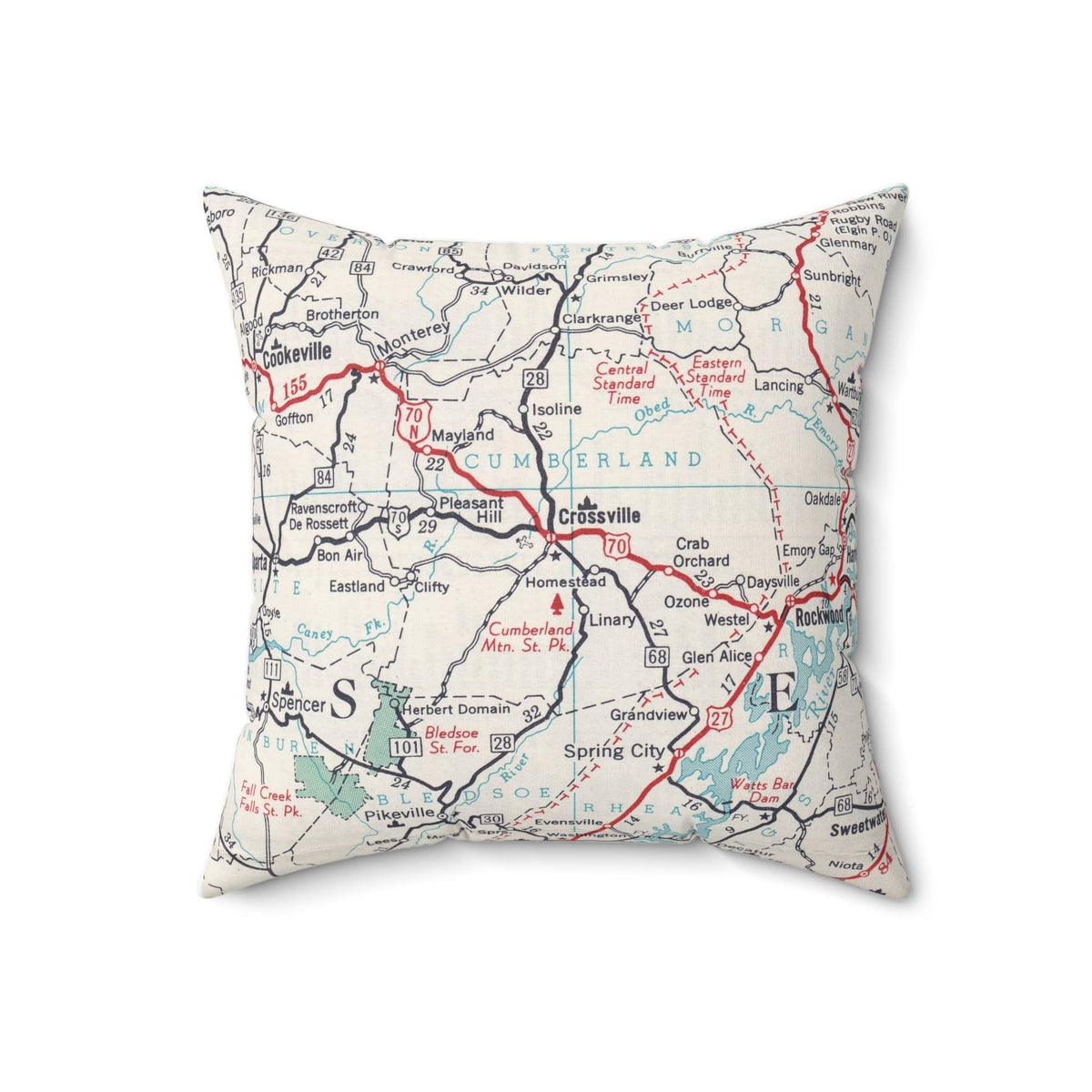 Crossville Tennessee Cumberland County vintage map throw pillow