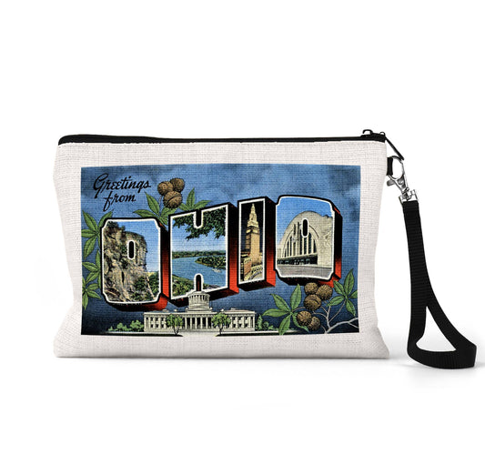 Ohio vintage postcard wristlet travel pouch