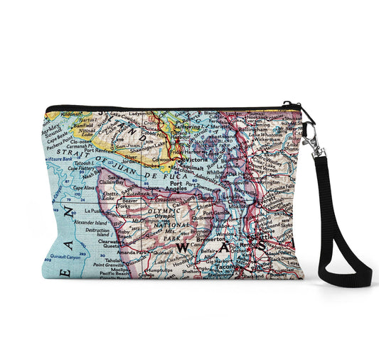 Strait of Juan de Fuca Washington map wristlet travel pouch