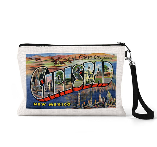Carlsbad New Mexico vintage postcard wristlet travel pouch