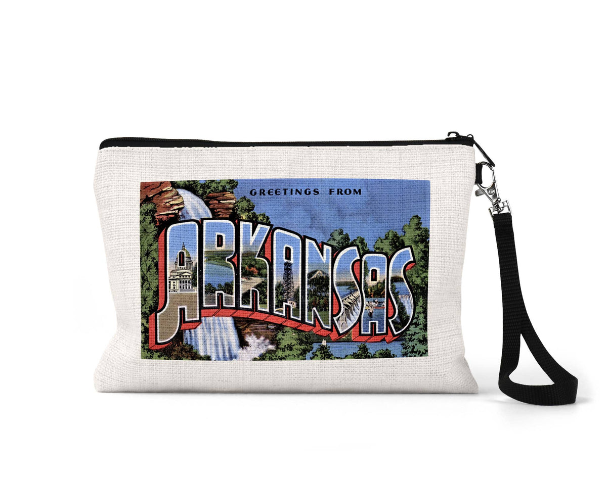 Arkansas vintage postcard wristlet travel pouch