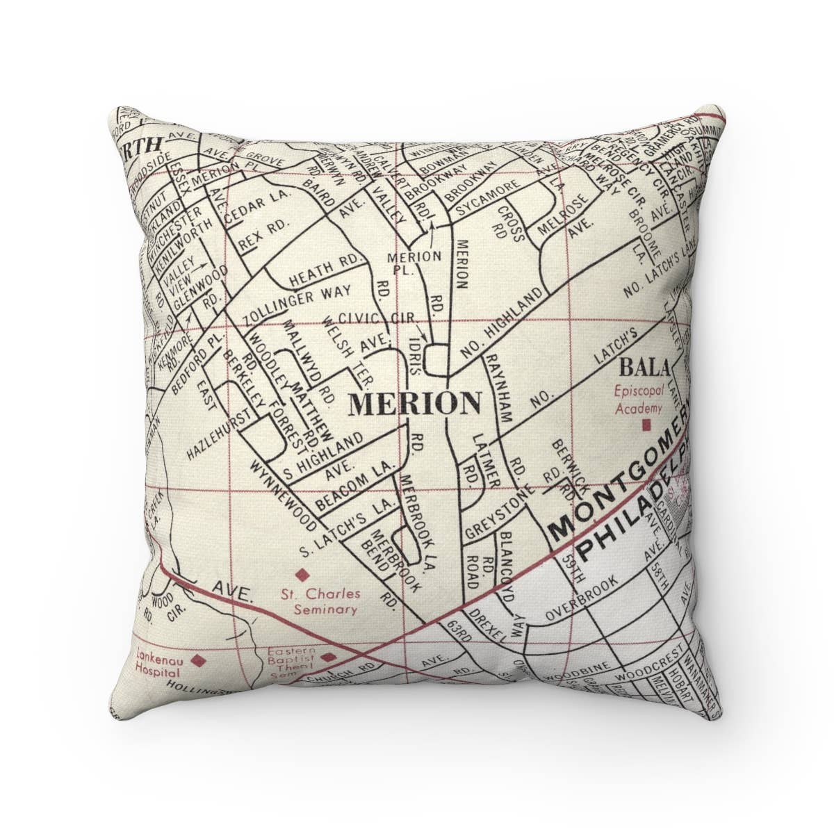 Merion Pennsylvania vintage map throw pillow
