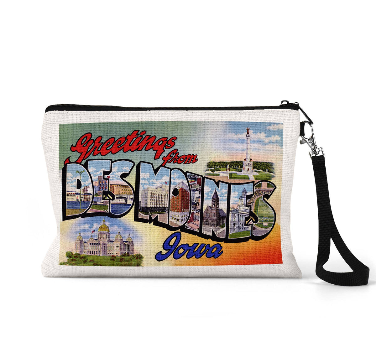 Des Moines Iowa vintage postcard wristlet travel pouch