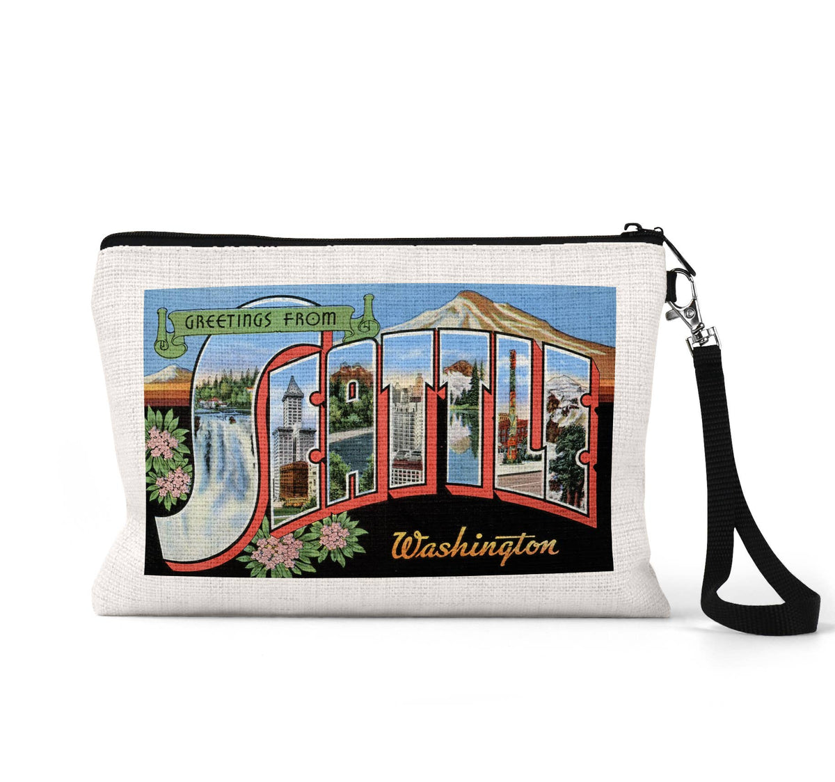 Seattle Washington vintage postcard wristlet travel pouch