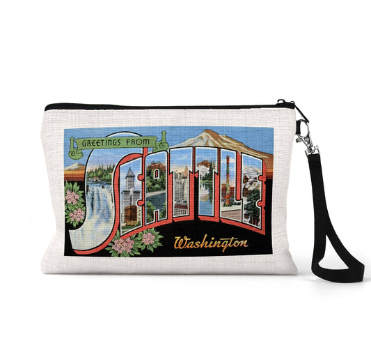 Seattle Washington vintage postcard wristlet travel pouch