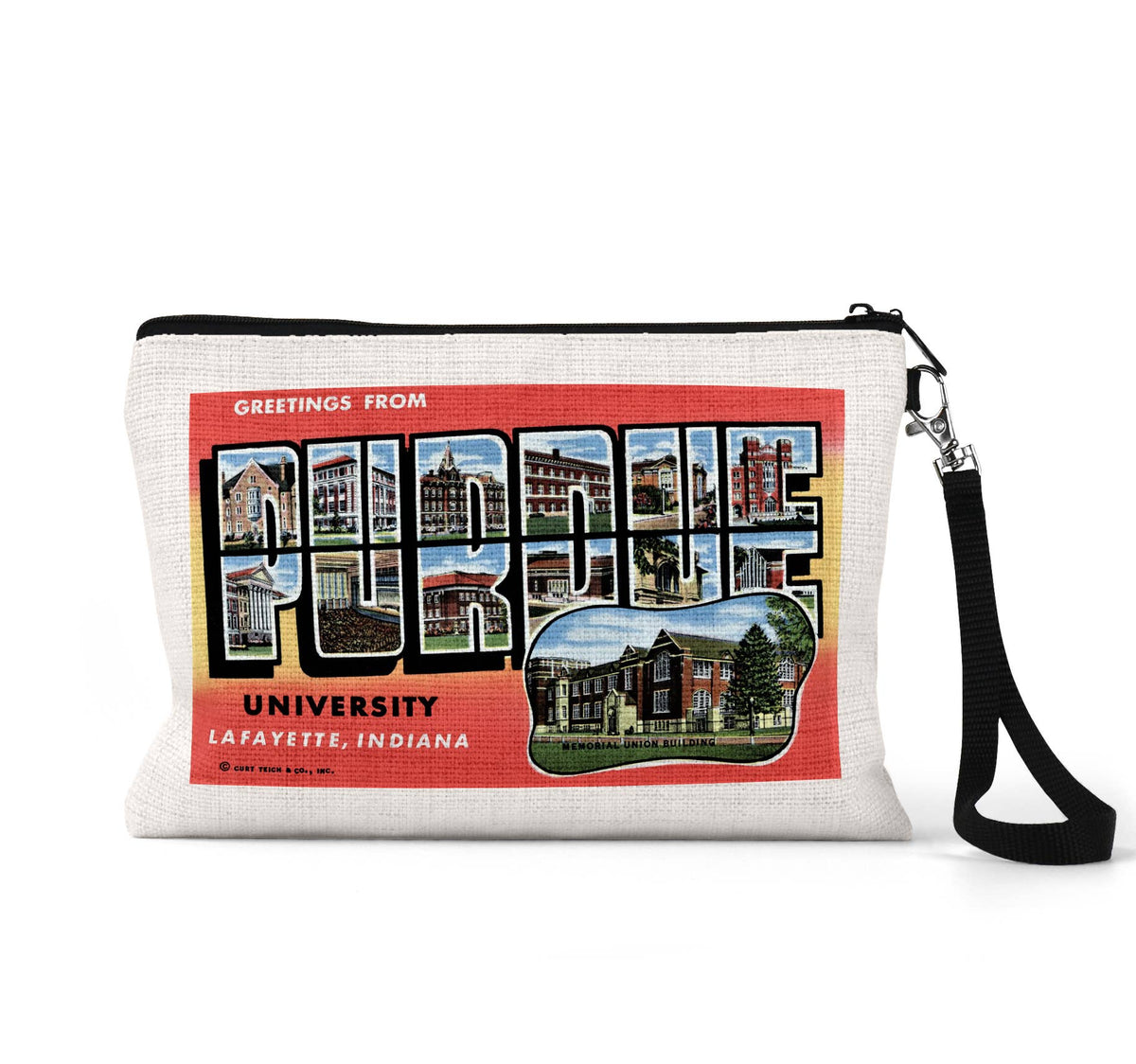 Purdue University Indiana vintage postcard wristlet travel pouch