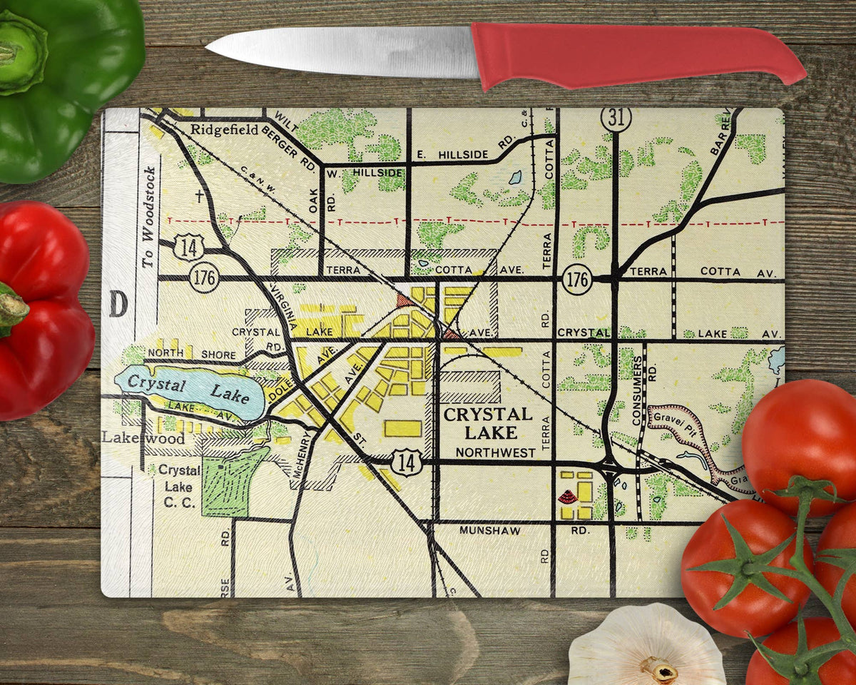 Crystal Lake Illinois vintage map glass cutting board