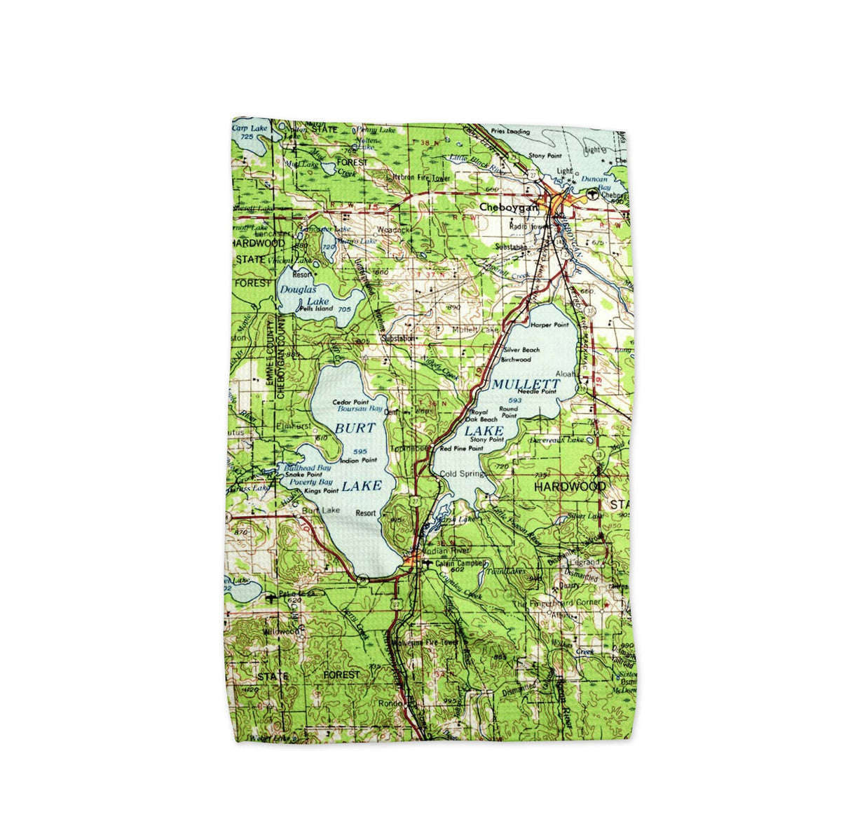 Burt Lake Mullet Lake Michigan map tea towel