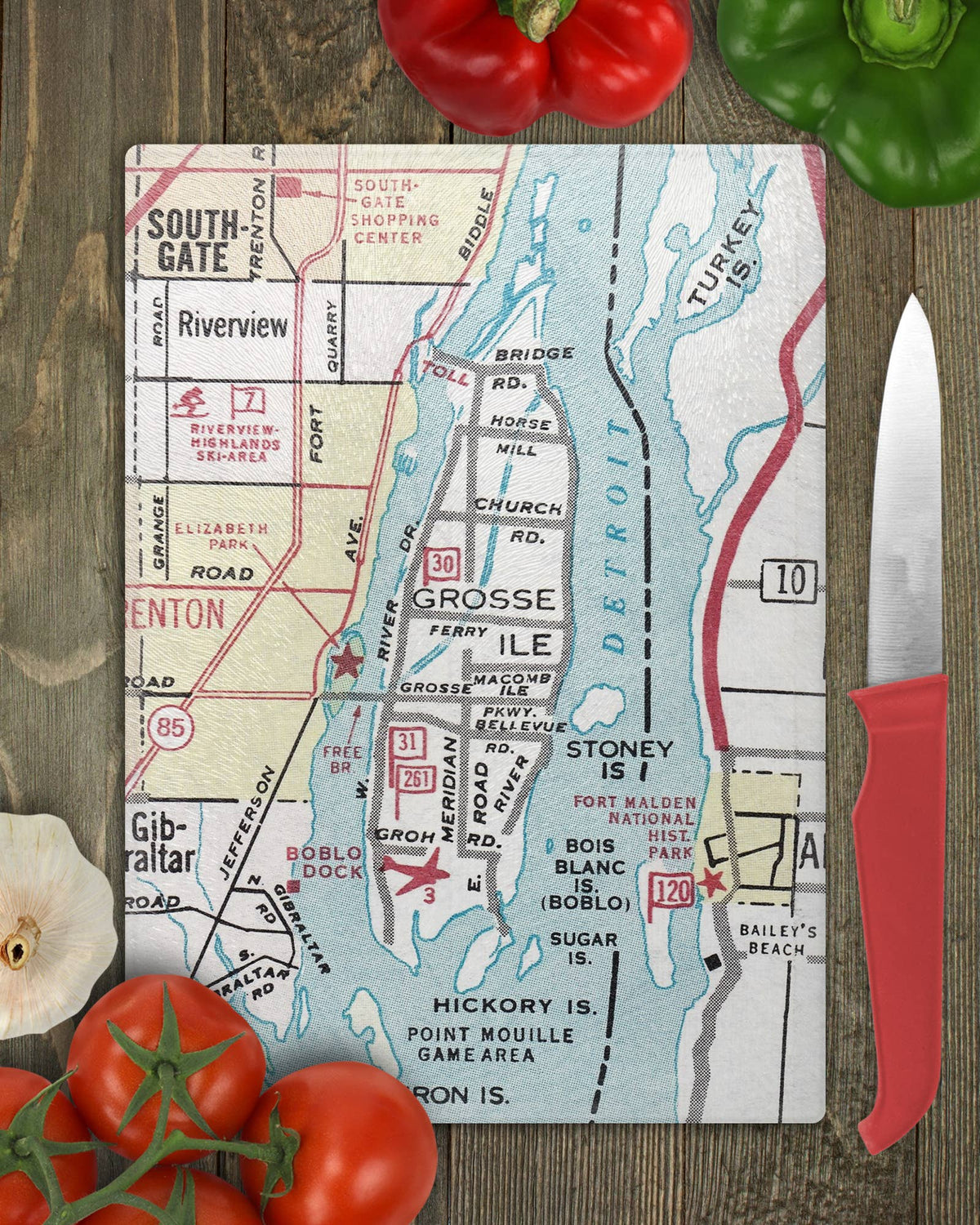 Grosse Ile Michigan vintage map glass cutting board