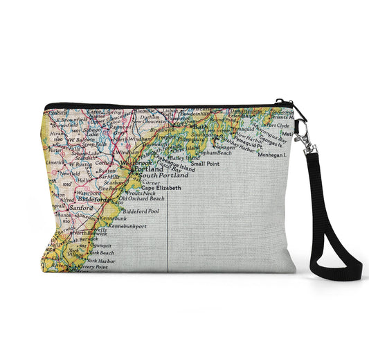 Maine Southern Coast map wristlet travel pouch