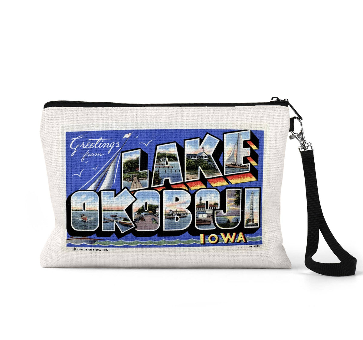 Lake Okoboji Iowa vintage postcard wristlet travel pouch