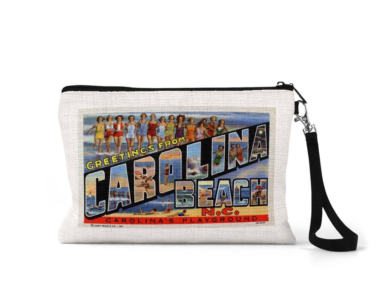 Carolina Beach vintage postcard wristlet travel pouch