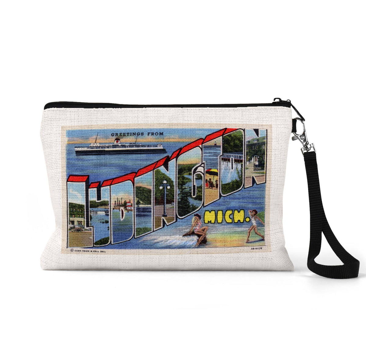 Ludington Michigan vintage postcard wristlet travel pouch