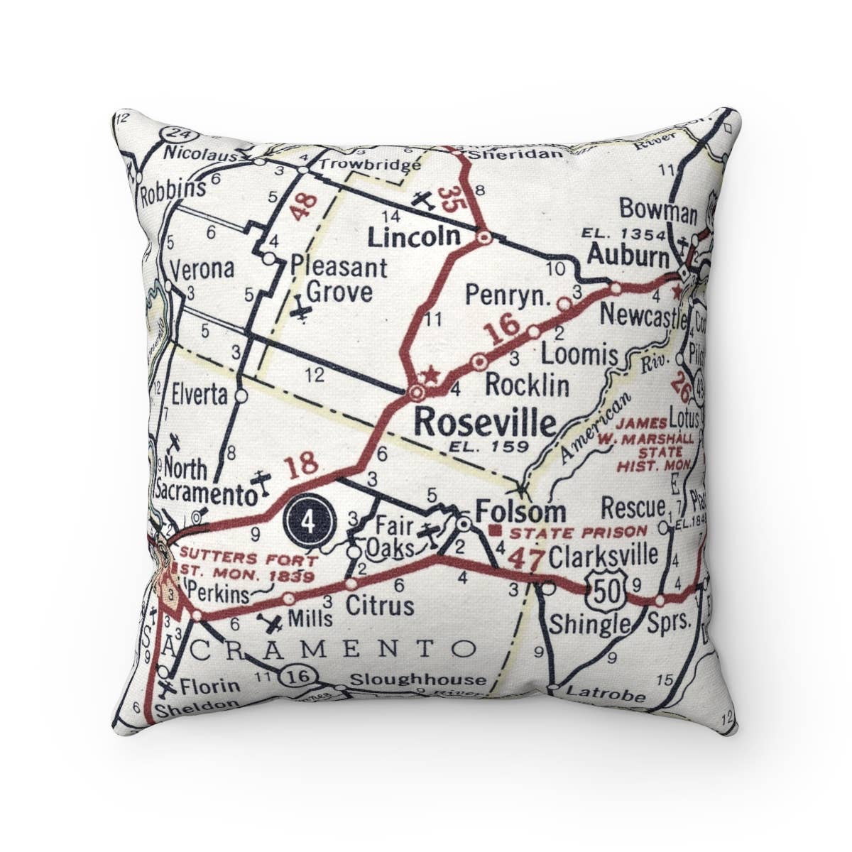 Roseville California vintage map throw pillow