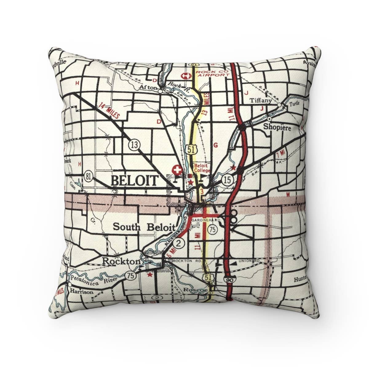 Beloit Wisconsin vintage map throw pillow