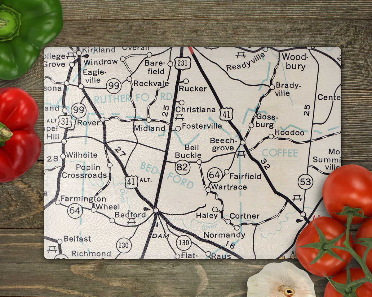 Bell Buckle Tennessee vintage map glass cutting board