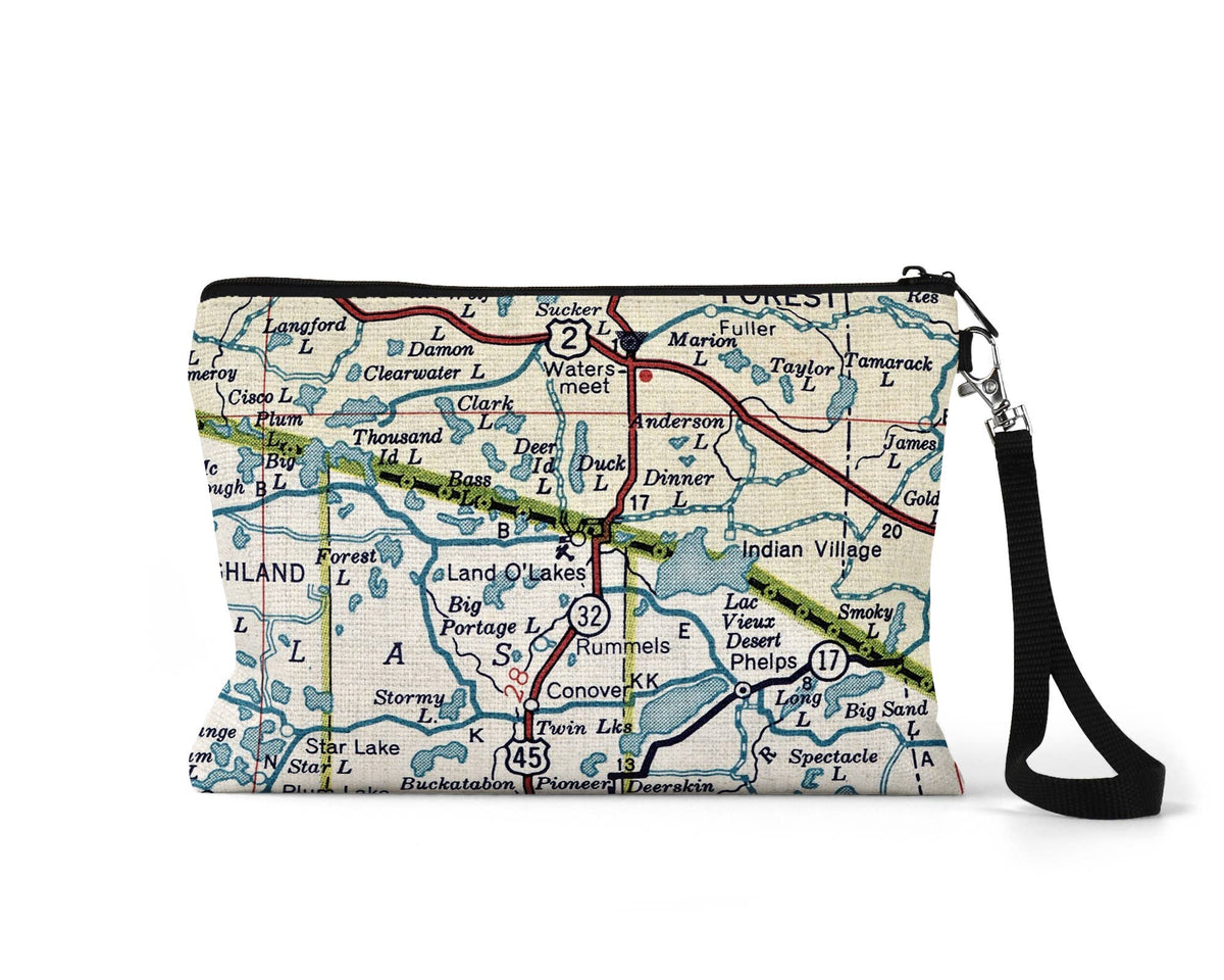 Land O Lakes Wisconsin map wristlet travel pouch