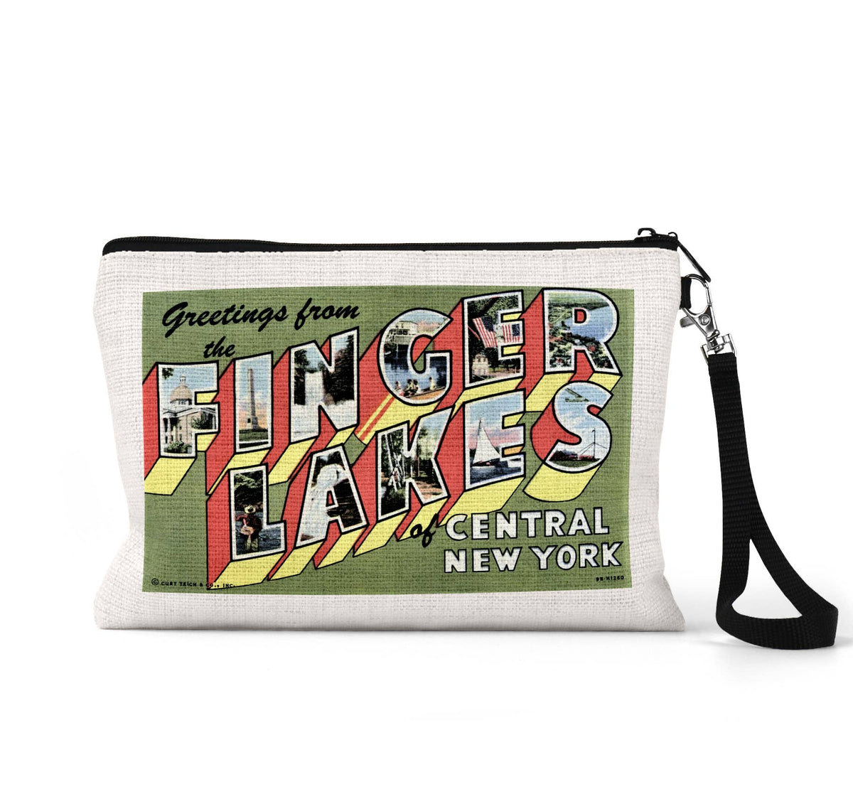 Finger Lakes New York vintage postcard wristlet travel pouch