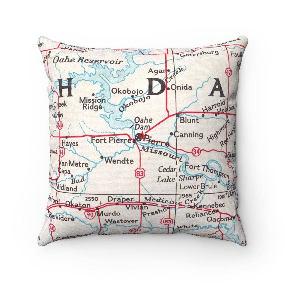 Pierre South Dakota vintage map throw pillow