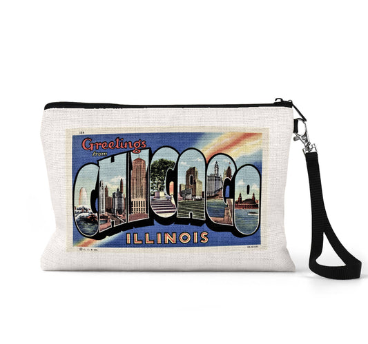 Chicago Illinois vintage postcard wristlet travel pouch