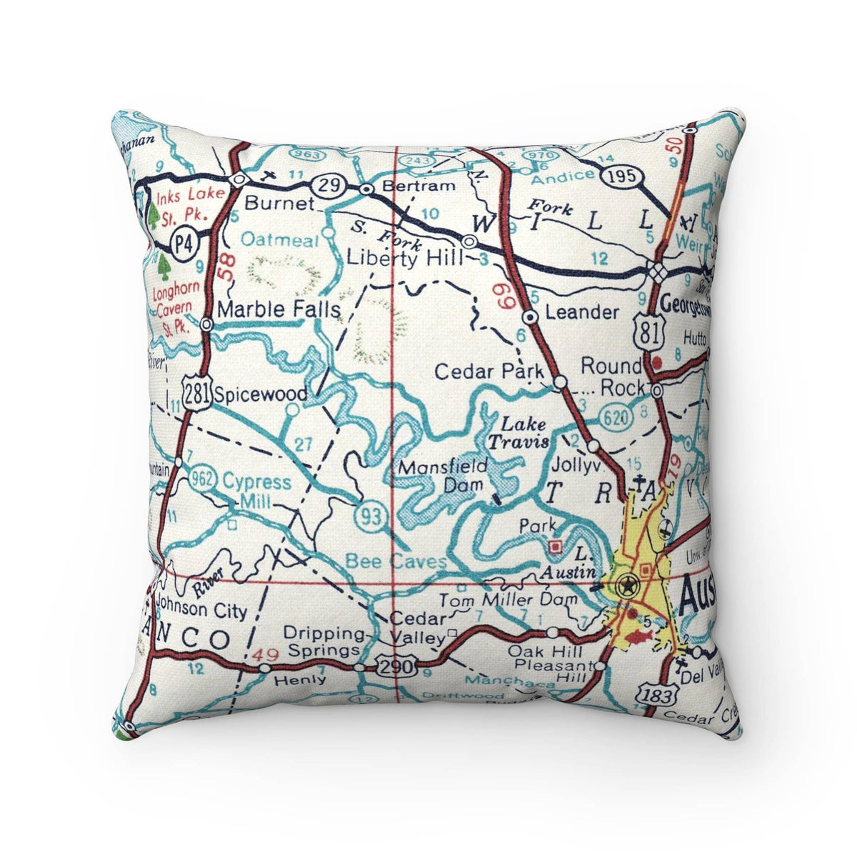 Lake Travis Texas vintage map throw pillow