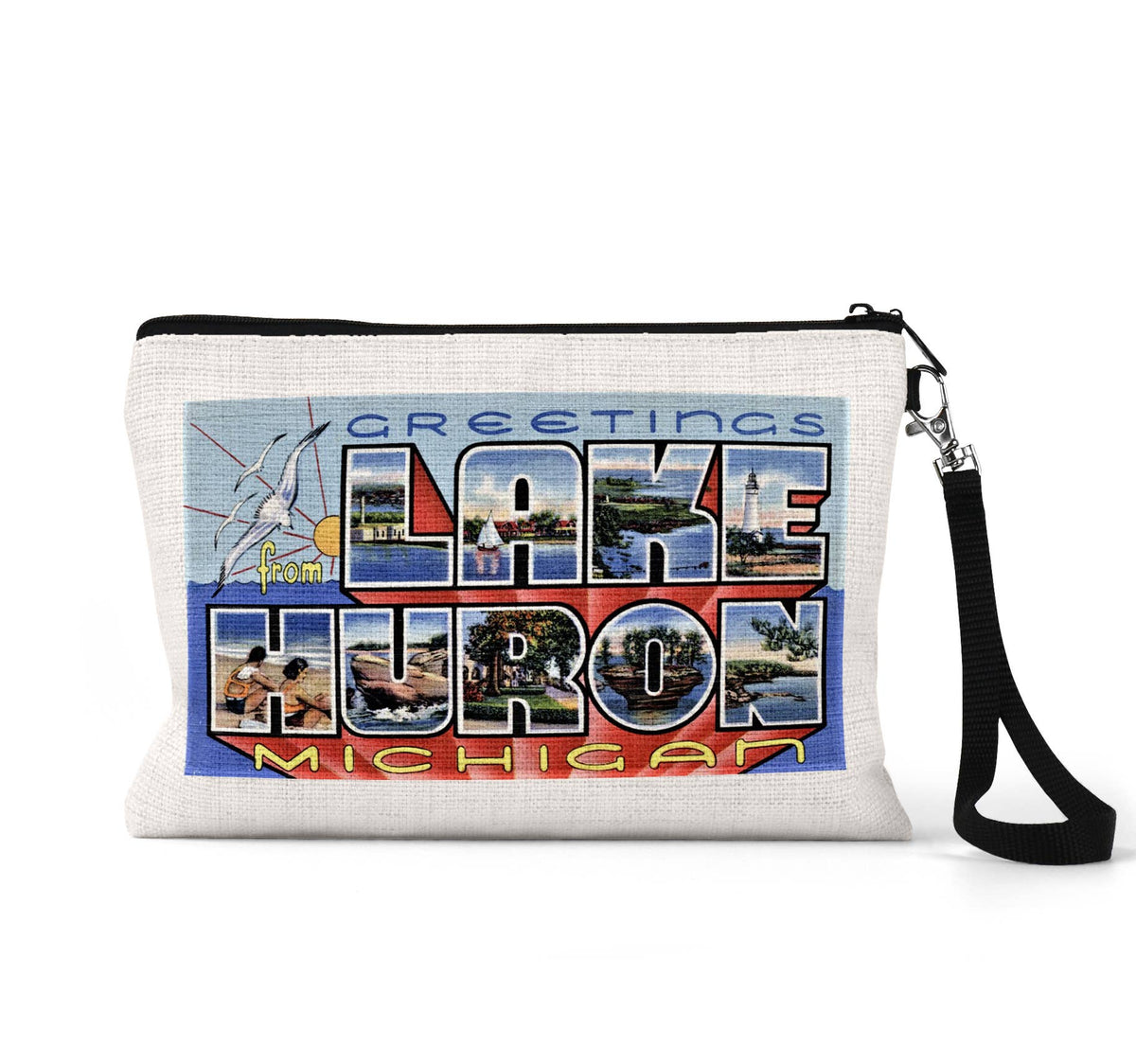Lake Huron Michigan vintage postcard wristlet travel pouch