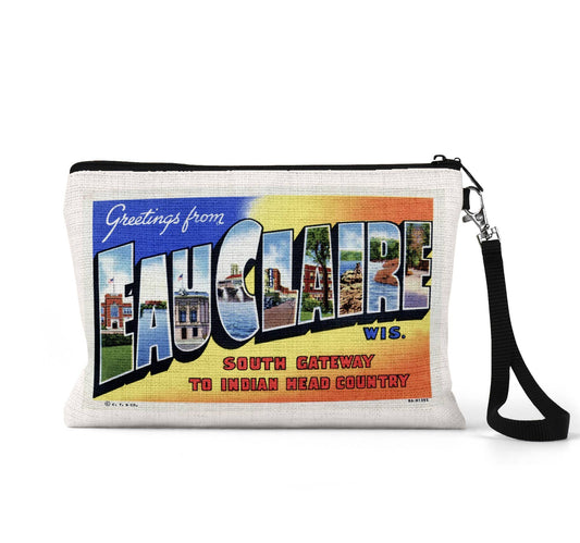 Eau Claire Wisconsin vintage postcard wristlet travel pouch