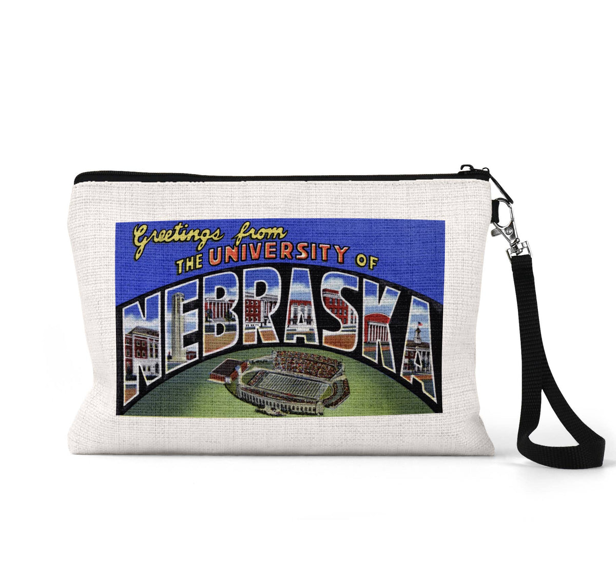 University of Nebraska vintage postcard wristlet travel pouch