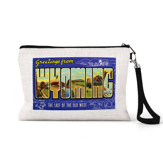 Wyoming vintage postcard wristlet travel pouch