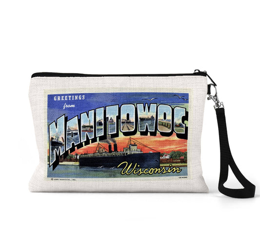 Manitowoc Wisconsin vintage postcard wristlet travel pouch