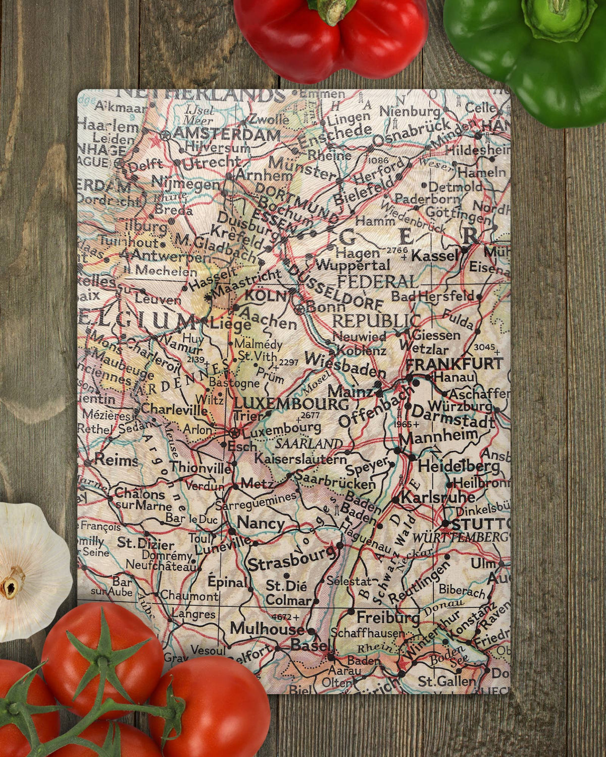 Rhine River vintage map glass cutting board