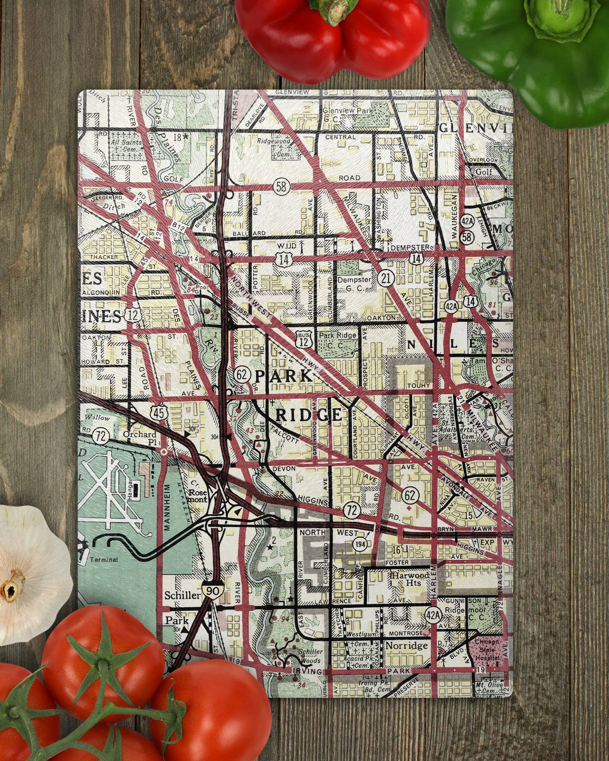 Park Ridge Illinois vintage map glass cutting board