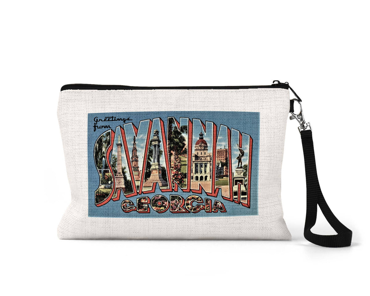 Greetings from Savannah Georgia vintage postcard wristlet travel pouch