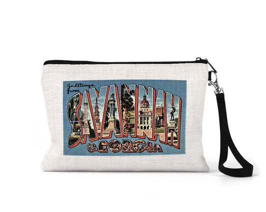 Greetings from Savannah Georgia vintage postcard wristlet travel pouch