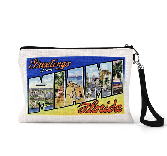 Miami Florida vintage postcard wristlet travel pouch