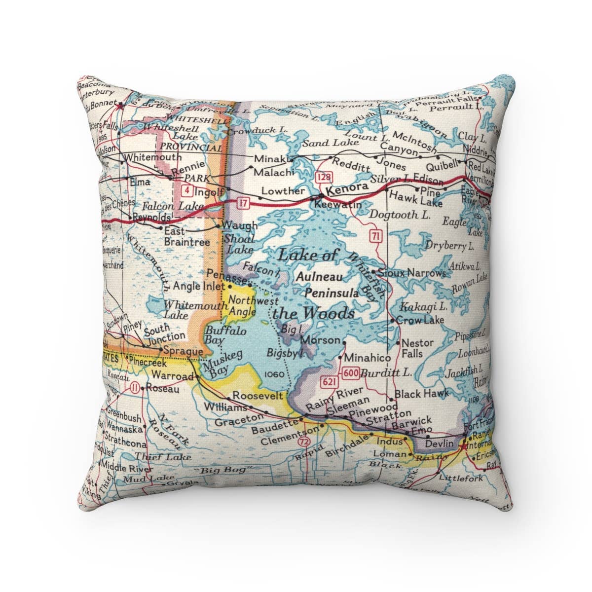 Lake of the Woods Minnesota Ontario Canada vintage map throw pillow