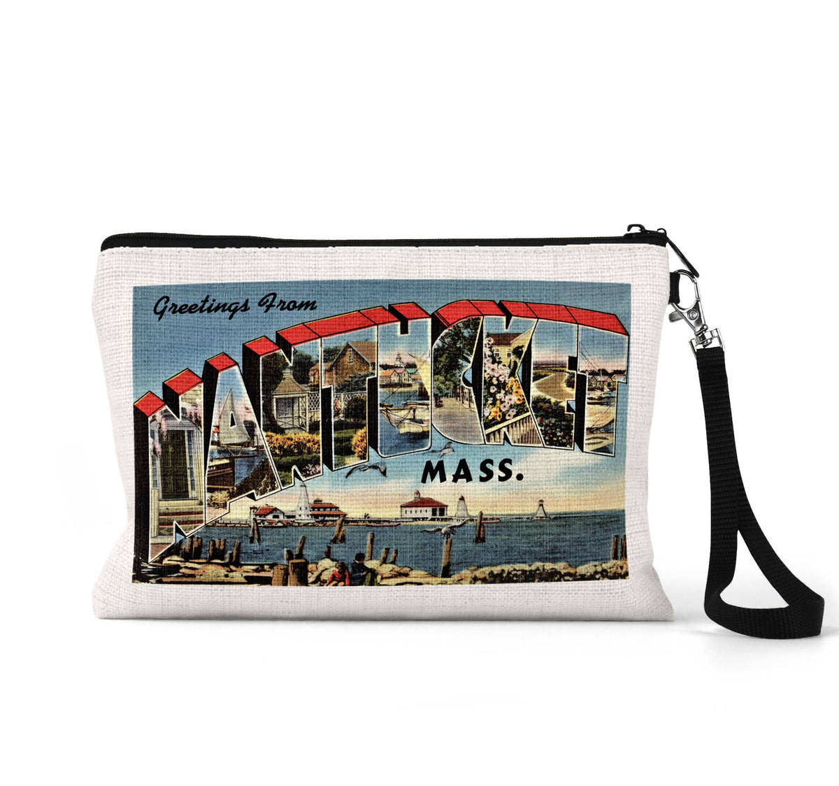 Nantucket Massachusetts vintage postcard wristlet travel pouch