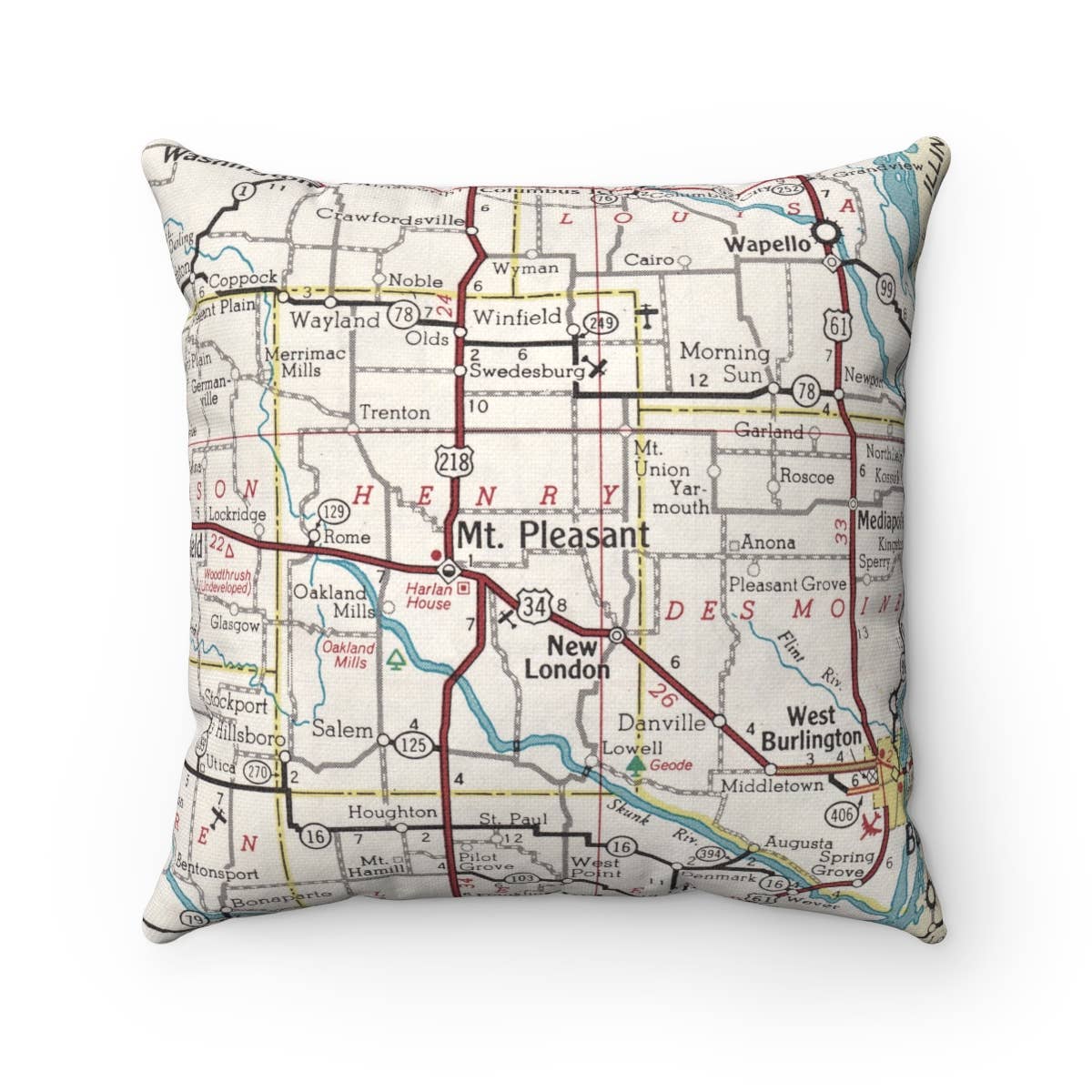 Mt Pleasant Iowa vintage map throw pillow