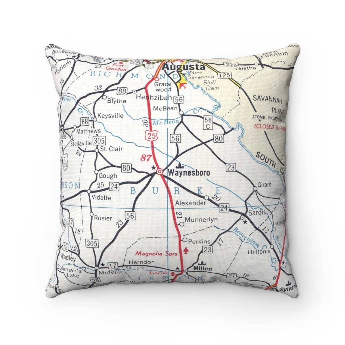 Waynesboro Georgia vintage map throw pillow