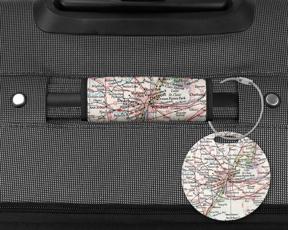 Detroit Michigan Map Luggage Tag and Handle Wrap