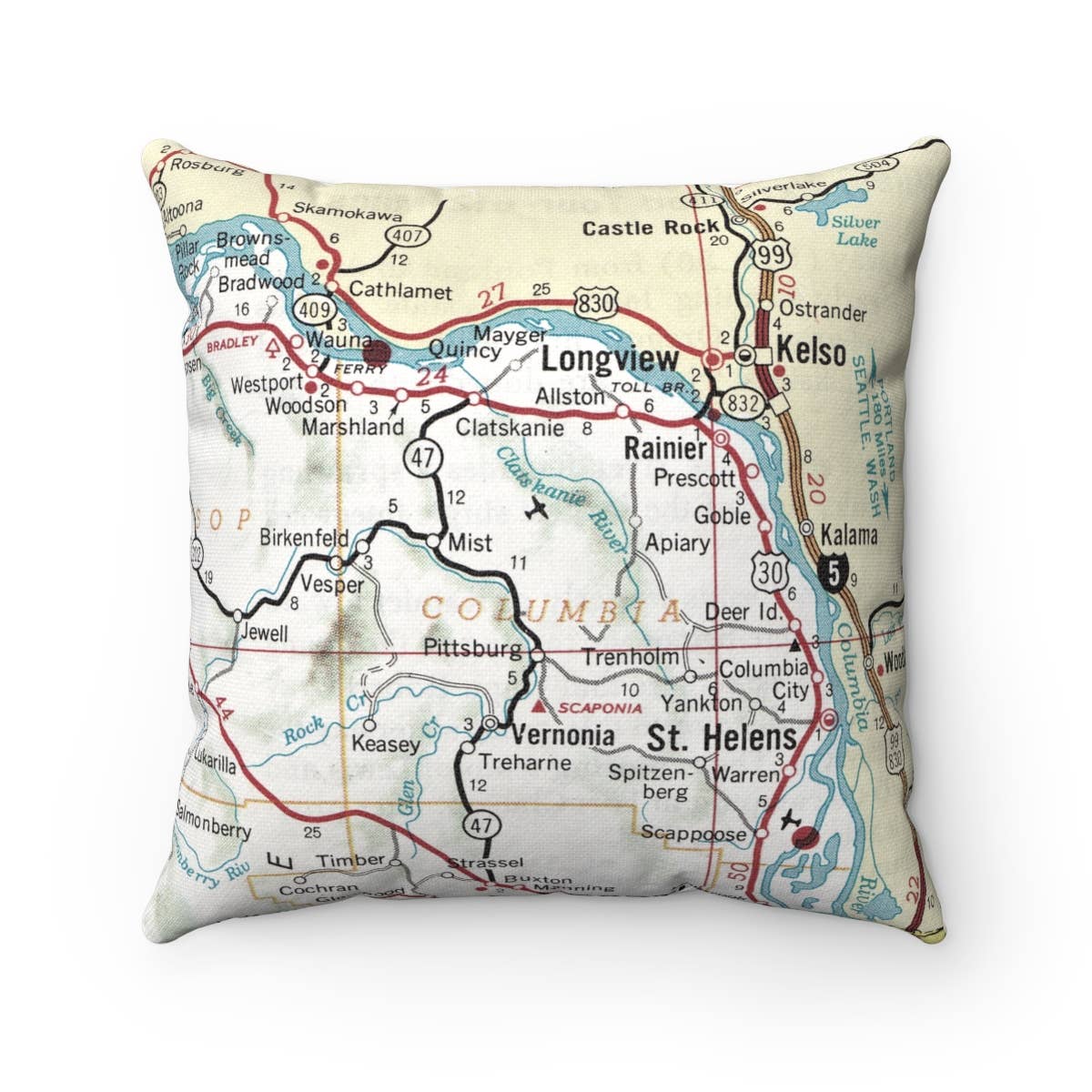 Columbia County Oregon vintage map throw pillow