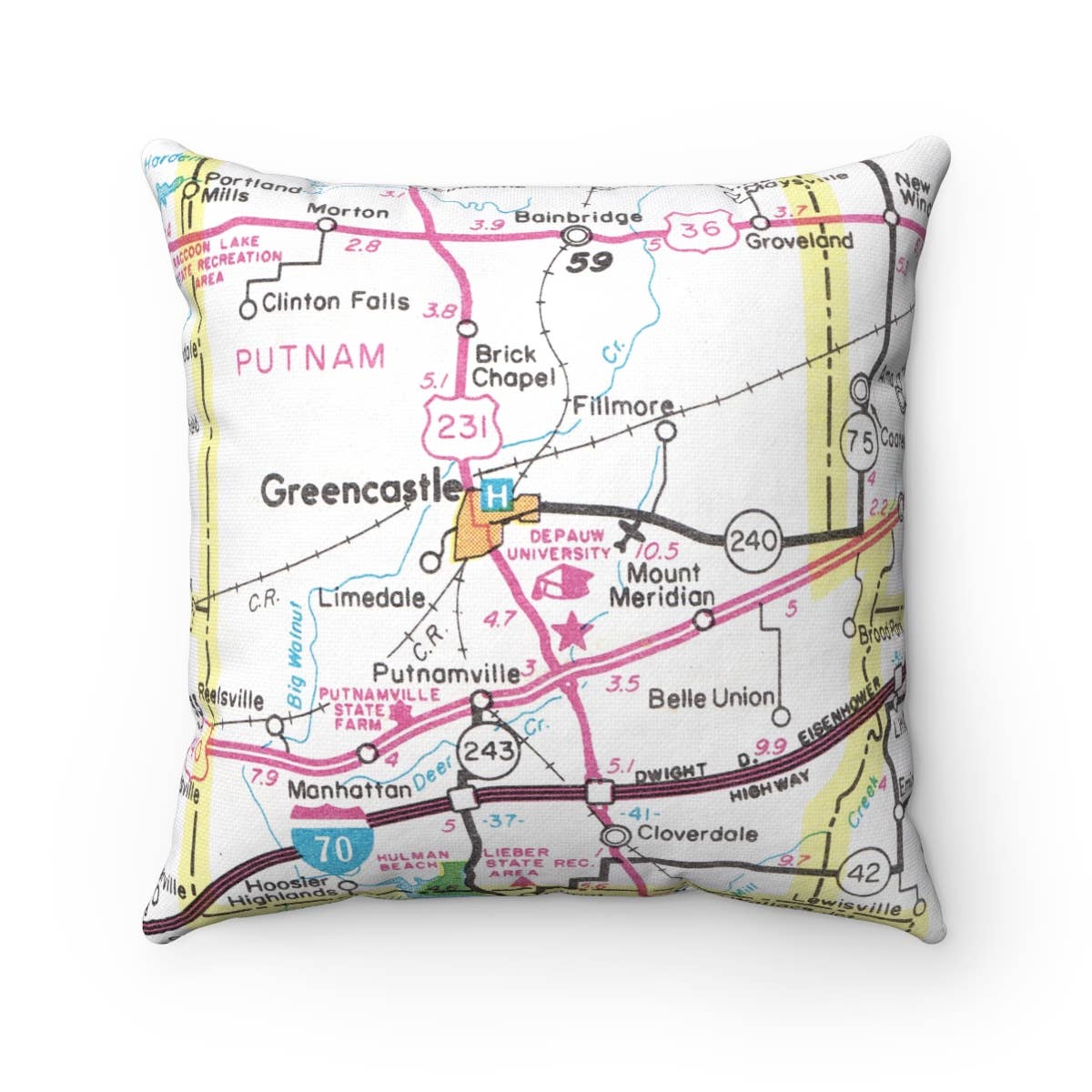 DePauw University Indiana vintage map throw pillow