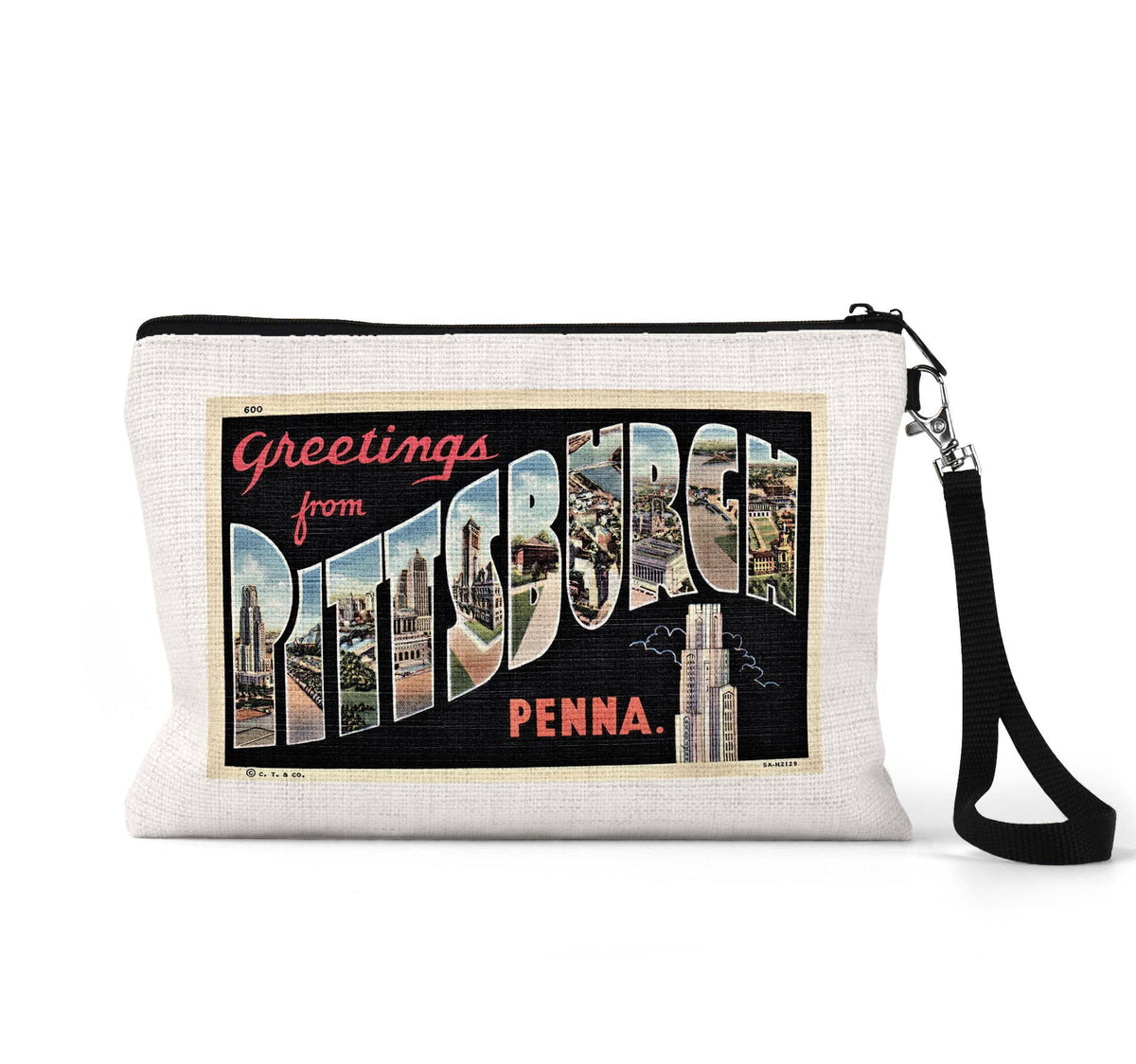Pittsburgh Pennsylvania vintage postcard wristlet travel pouch