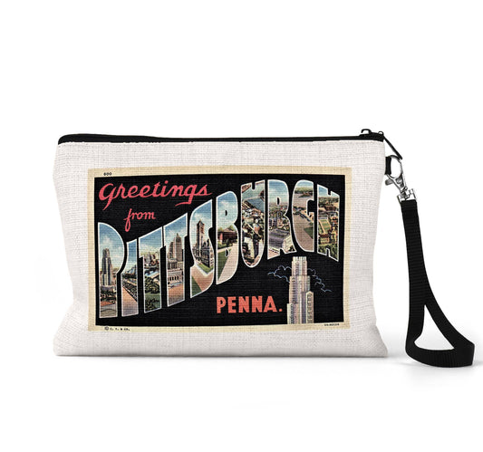 Pittsburgh Pennsylvania vintage postcard wristlet travel pouch