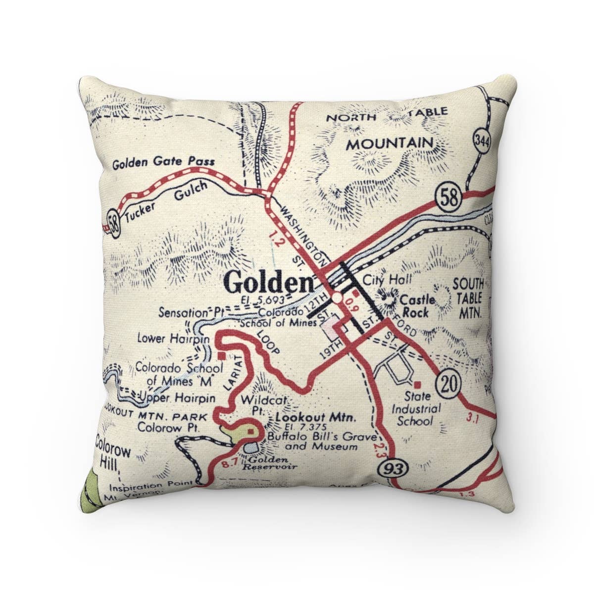 Golden Colorado vintage map throw pillow
