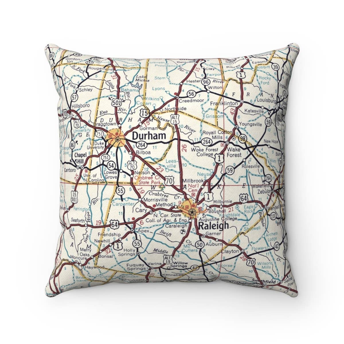 Raleigh Durham North Carolina vintage map throw pillow