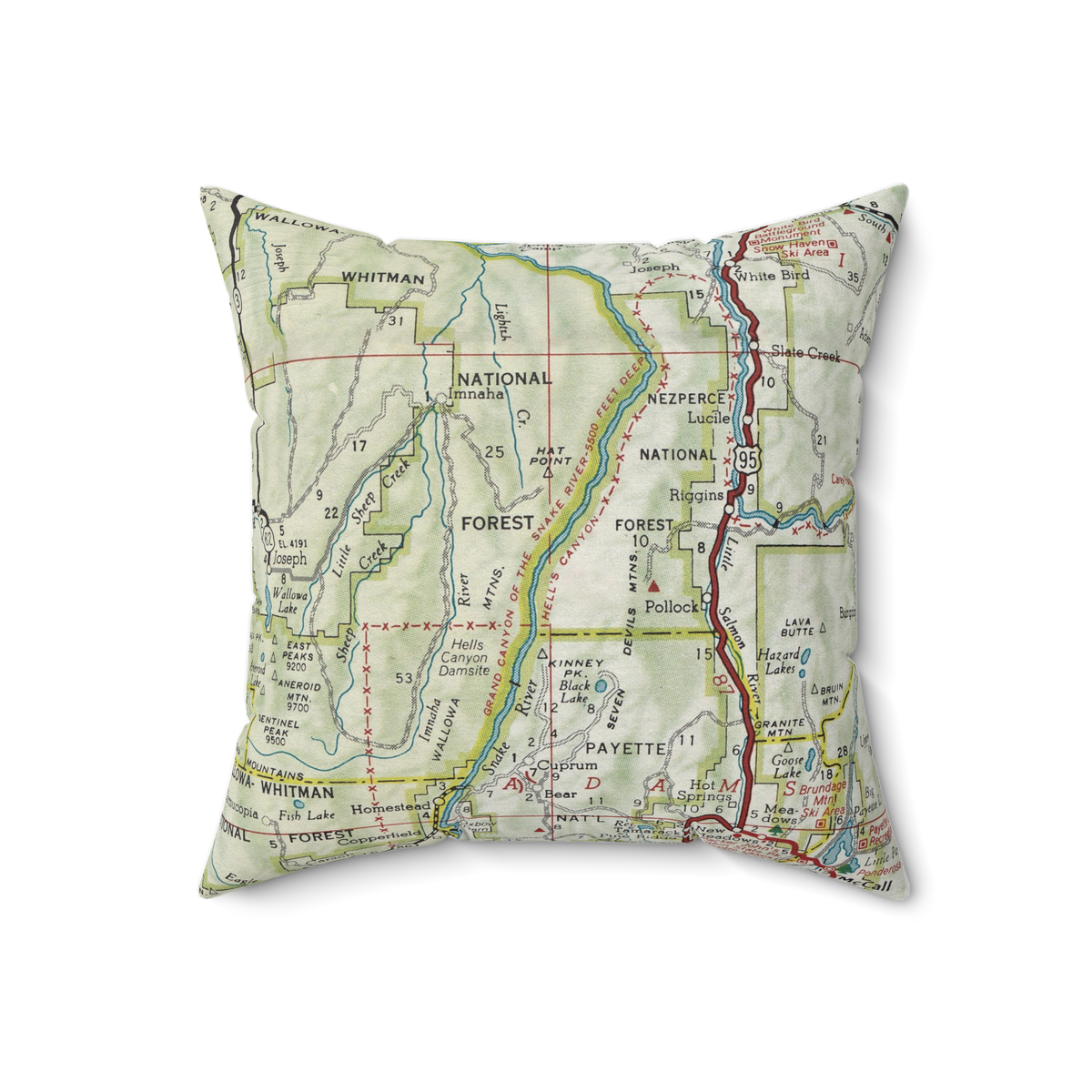 Hells Canyon Oregon Idaho Snake River vintage map throw pillow
